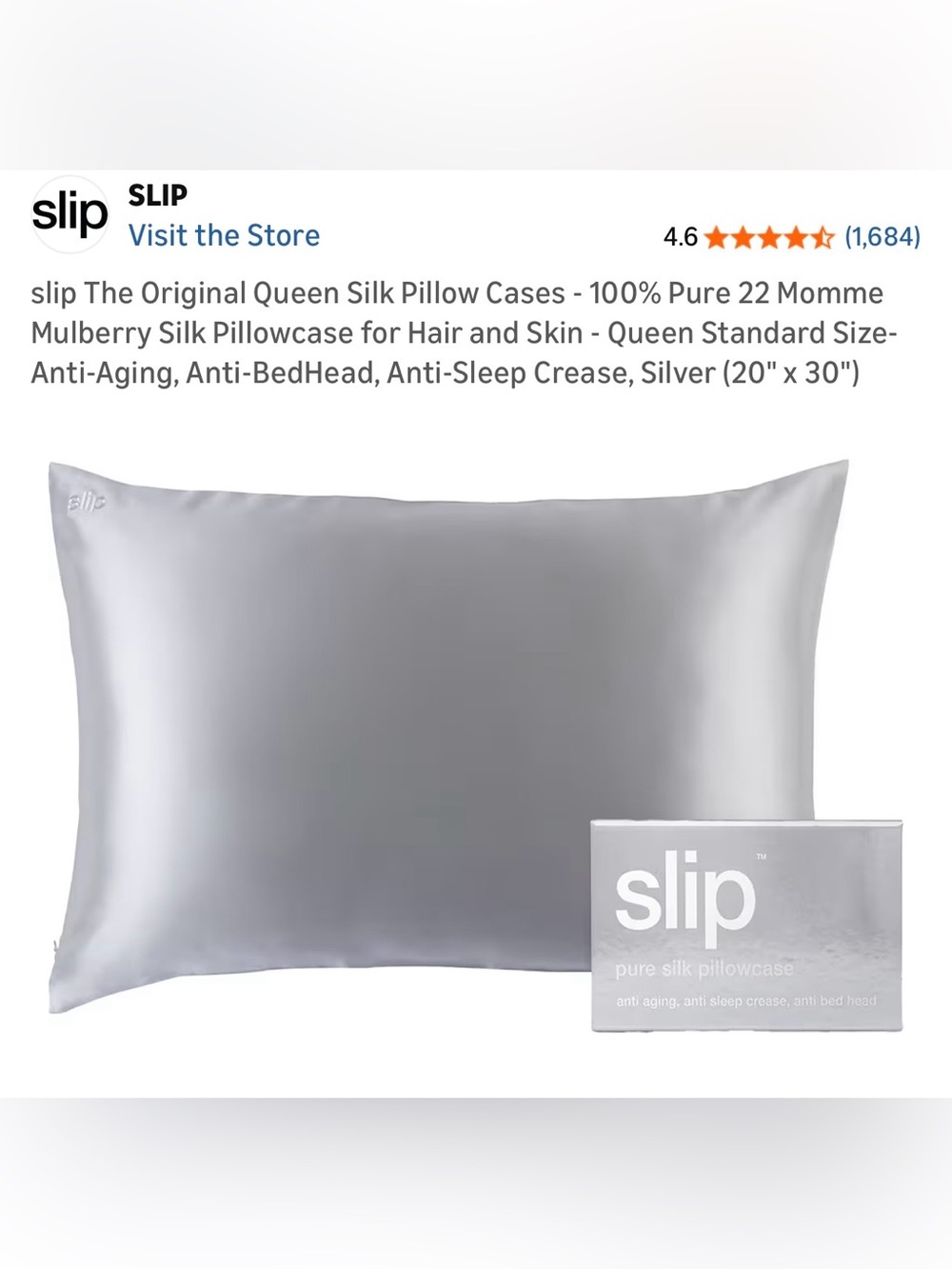 Slip Silver Silk Pillowcase/queen/standard/NIB! NEW! Anti-Aging pillow case!